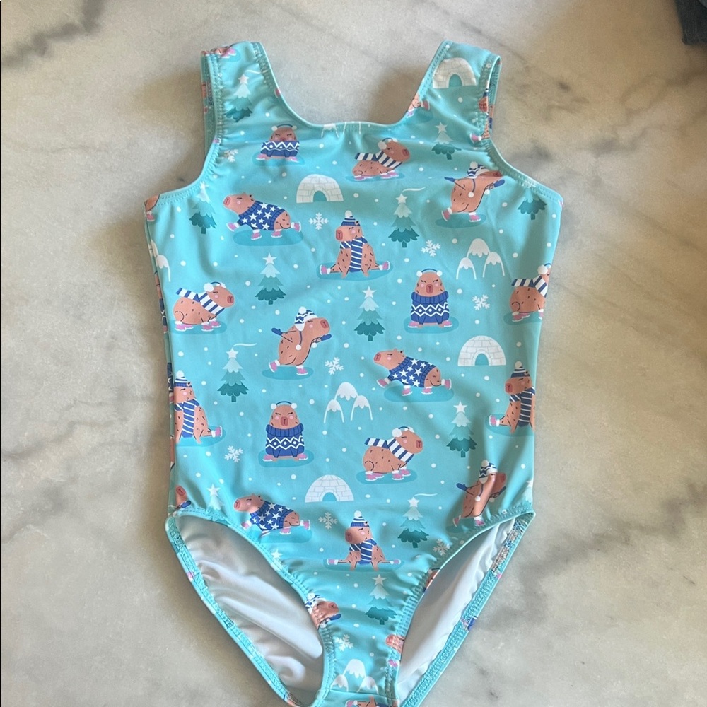 Kids winter capybara leotard in Aqua